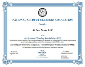 NADCA CERTIFICATE AIRDUCT RESCUE LLC